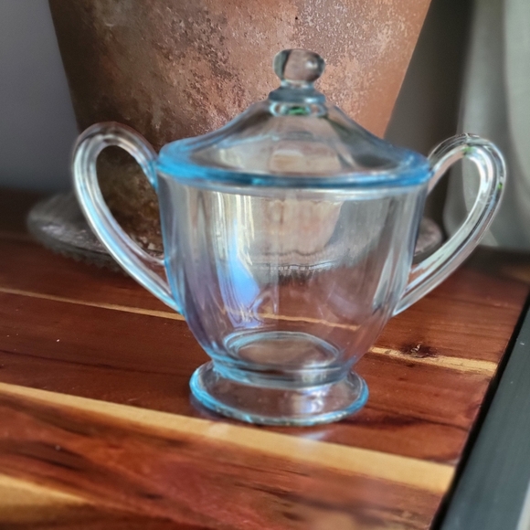 Rare Vintage Fosforia Blue Depression Glass Sugar Bowl with Lid "AS IS" - Picture 9 of 11